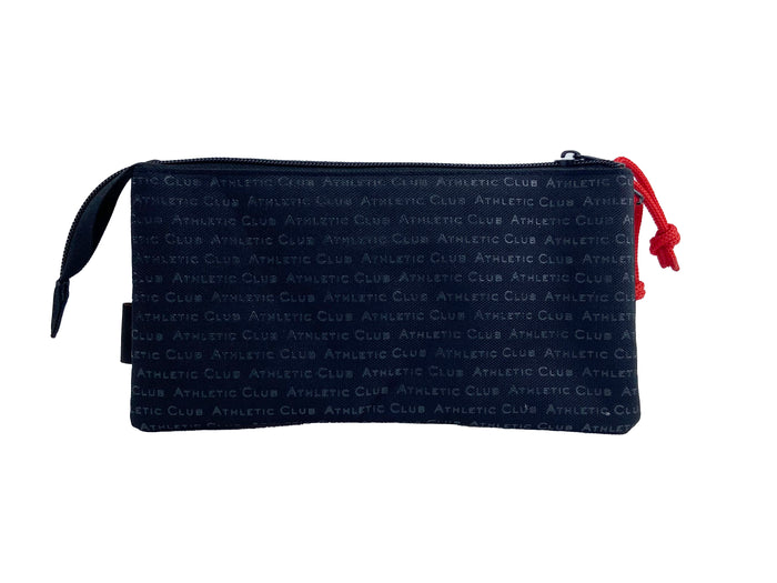 Navy pencil case with red zipper and red strap across the front featuring Athletic Club pattern