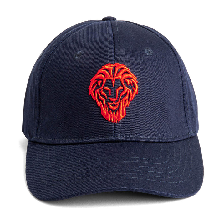 Front view of navy blue cap featuring a red 3D lion emblem on the front