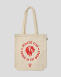 Beige canvas tote bag with red circular Athletic Club logo and lion emblem.