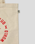 Close up of the tote bag edge with an organic cotton tag.