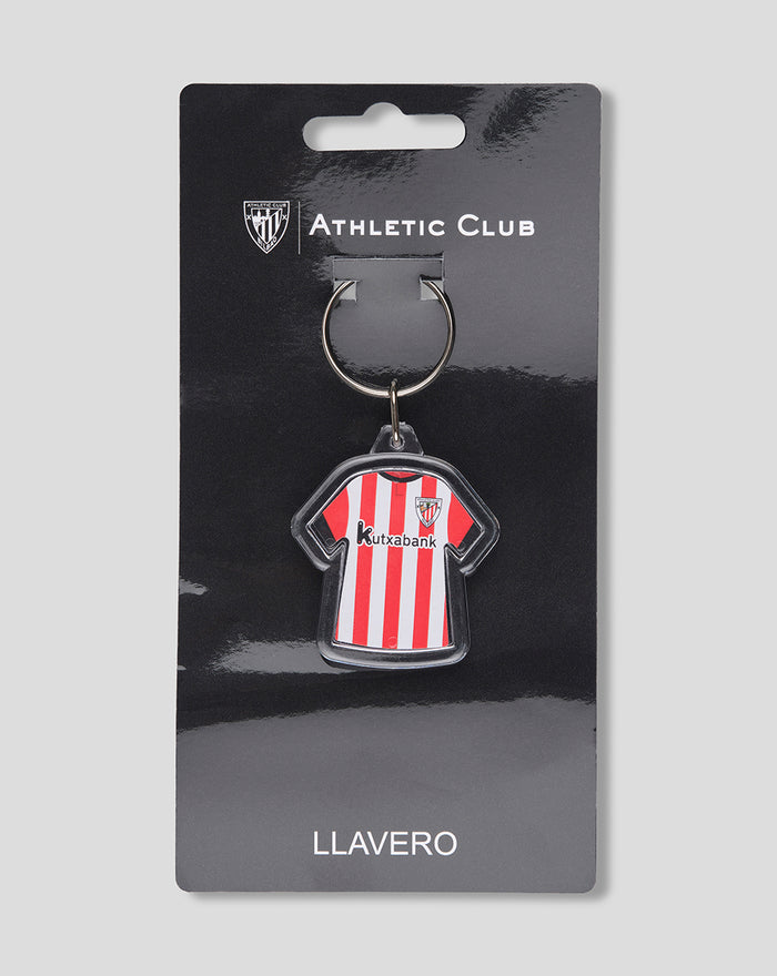 Llavero reversible en forma de camiseta a rayas rojas y blancas con escudo del Athletic Club en packaging negro
