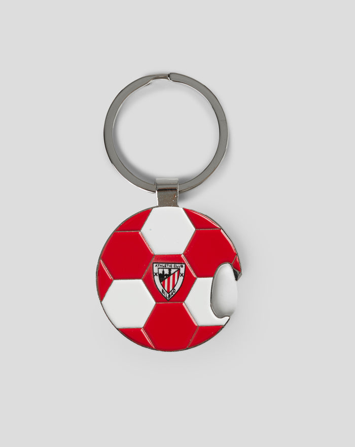 Metal keychain bottle opener shaped like a red and white soccer ball with the Athletic Club Bilbao crest