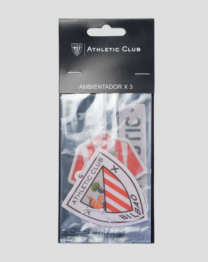 Ambientador con tres piezas en forma de escudo del Athletic Club en empaque