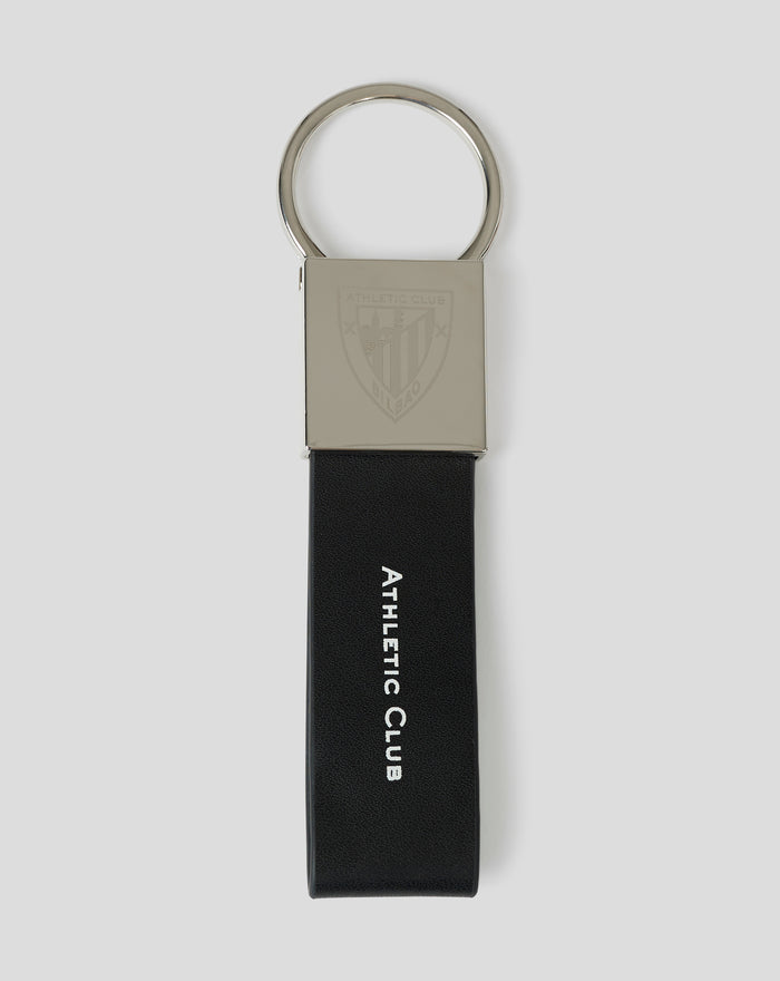 Shiny square PU metal keyring with circular loop and black strap featuring Athletic Club Bilbao logo.