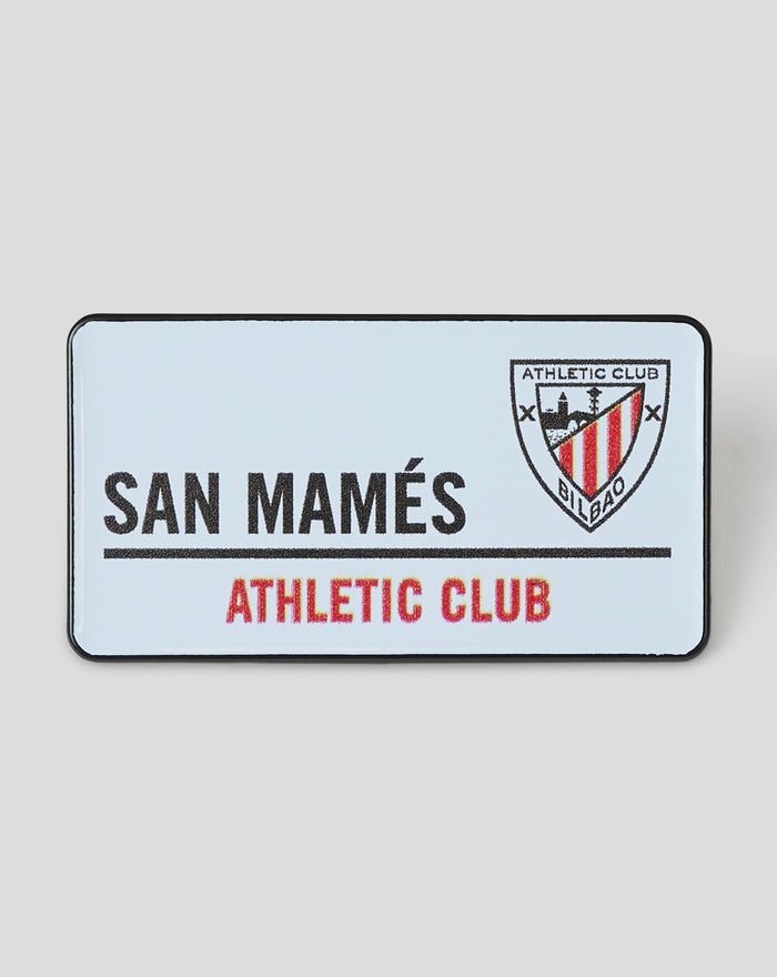 Light blue enamel street sign pin reading SAN MAMES with Athletic Club Bilbao crest