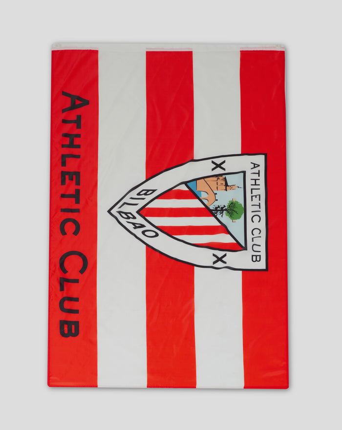 Red and white striped banner with the Athletic Club Bilbao crest