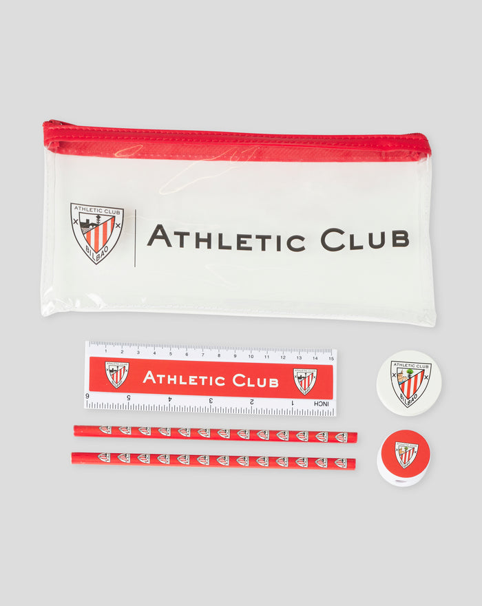 Estuche de papelería blanco con borde rojo y logotipo del Athletic Club Bilbao junto a una regla
