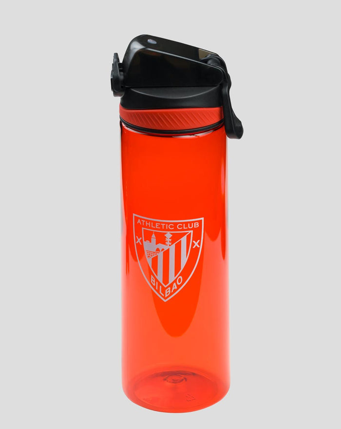 Red water bottle with black flip lid and Athletic Club Bilbao crest.