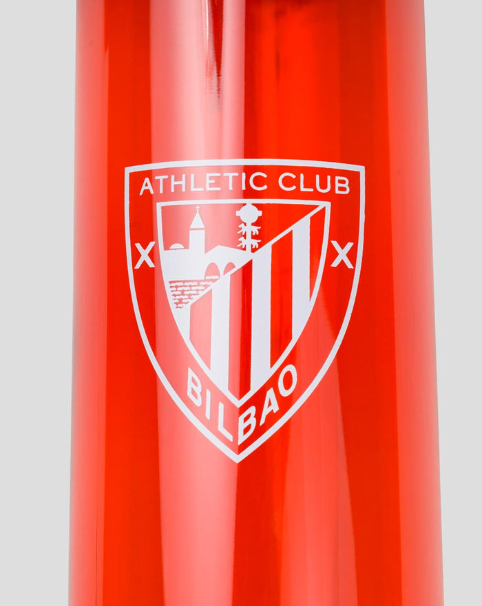 Close up of red water bottle showing the white Athletic Club Bilbao crest.