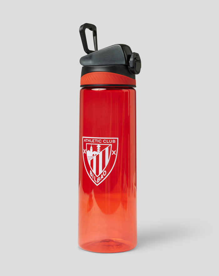 Vista lateral de botella de agua roja de 750 ml con tapa plegable negra y banda naranja