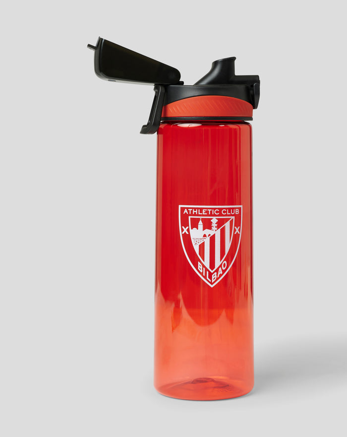Botella de agua roja de 750 ml con tapa plegable negra y logotipo del Athletic Club Bilbao visible