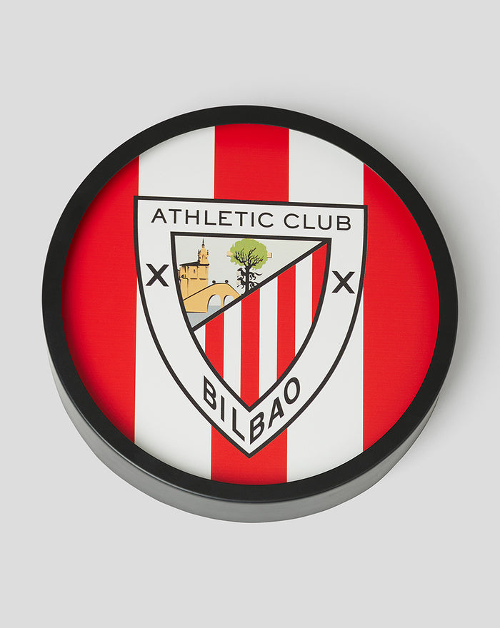Round metal LED sign featuring the Athletic Club Bilbao crest on red and white stripes