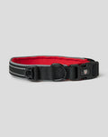 Reflective black dog collar with red inner lining and Athletic Club crest buckle