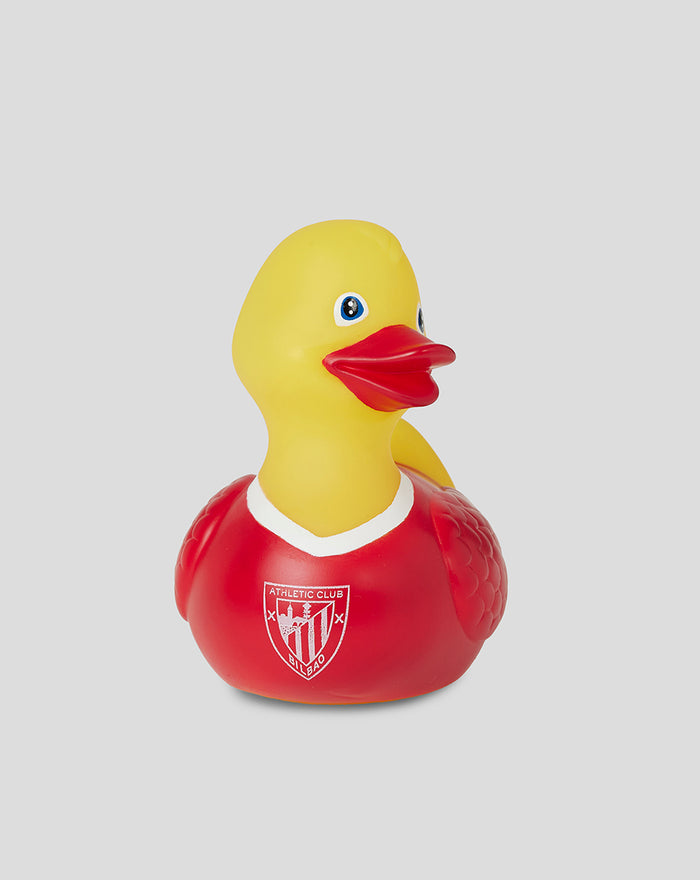 Yellow rubber duck wearing a red Athletic Club Bilbao jersey.