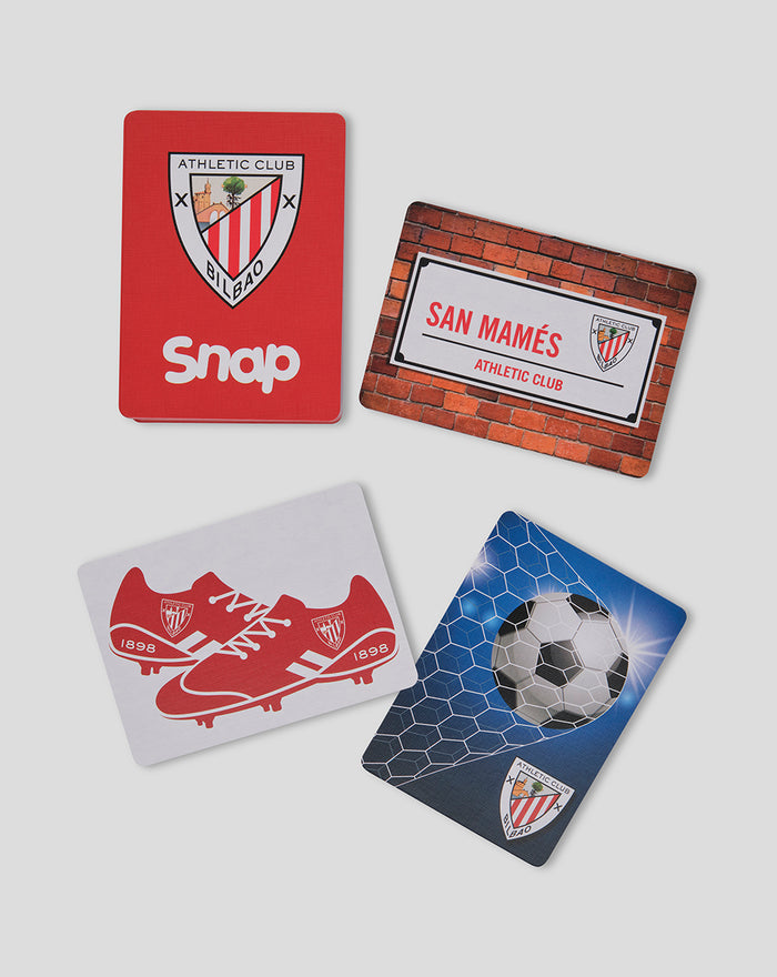 Four Snap Cards from Athletic Club Bilbao showing a red crest card a brick wall card red soccer shoes and a soccer ball.