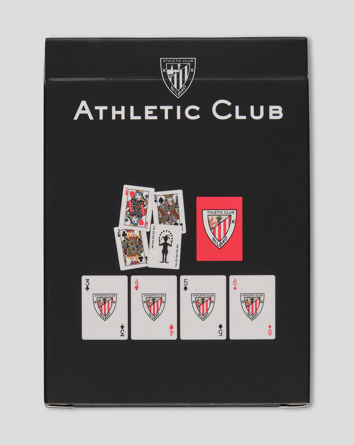 Black Athletic Club Bilbao playing cards box with crest and a fan of cards displayed.