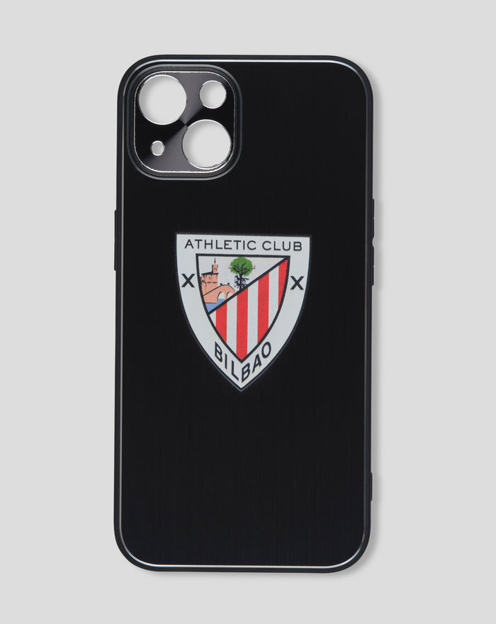 Black metallic iPhone case with large camera cutout and Athletic Club Bilbao crest patch