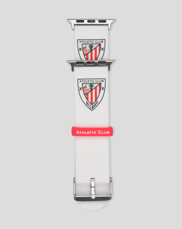 Apple Watch strap option 2 white band with Athletic Club crest and metal lugs
