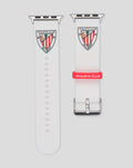 Two white Apple Watch straps with crest and metal buckle; red silicone loop labeled Athletic Club