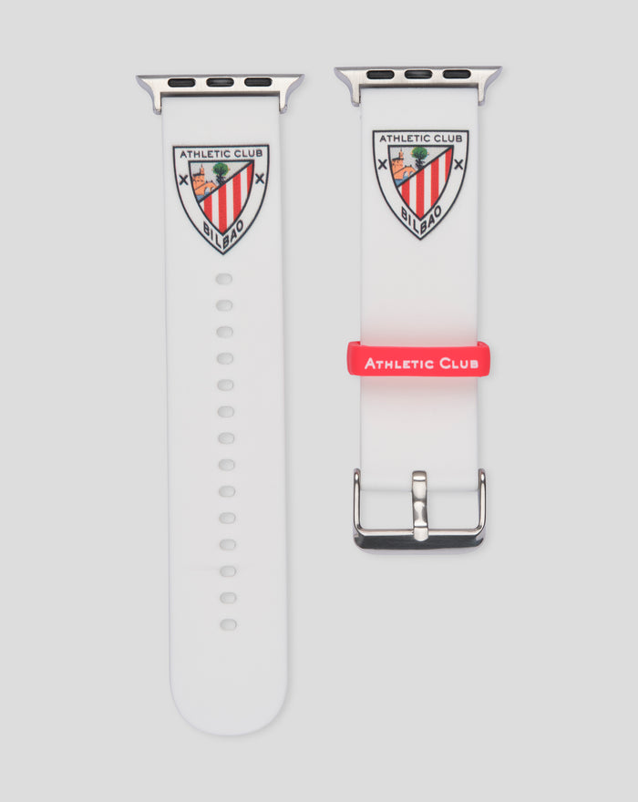 Two white Apple Watch straps with crest and metal buckle; red silicone loop labeled Athletic Club