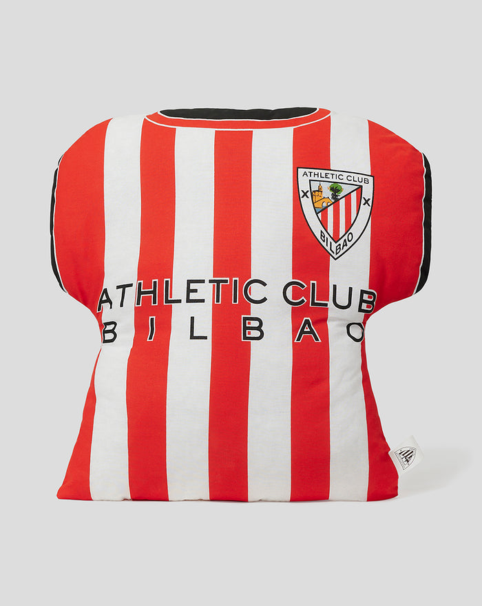 Red white striped shirt cushion with Athletic Club crest on the front