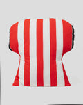 Rectangular cushion with bold red and white vertical stripes