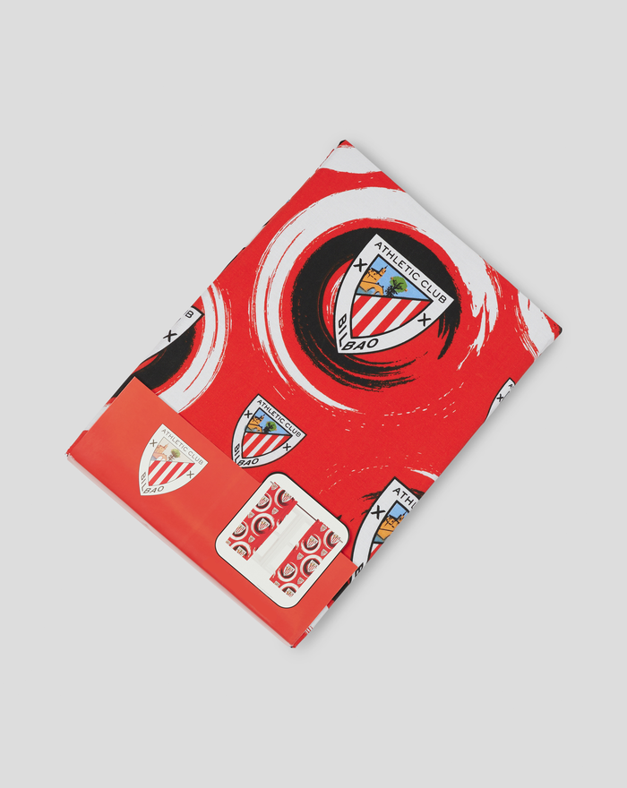 Athletic Club Bilbao themed curtains in red with white stripes and crest motifs