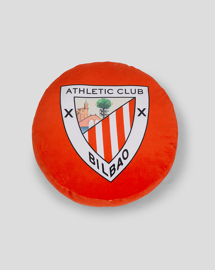 Orange round cushion with the Athletic Club Bilbao crest printed on the front