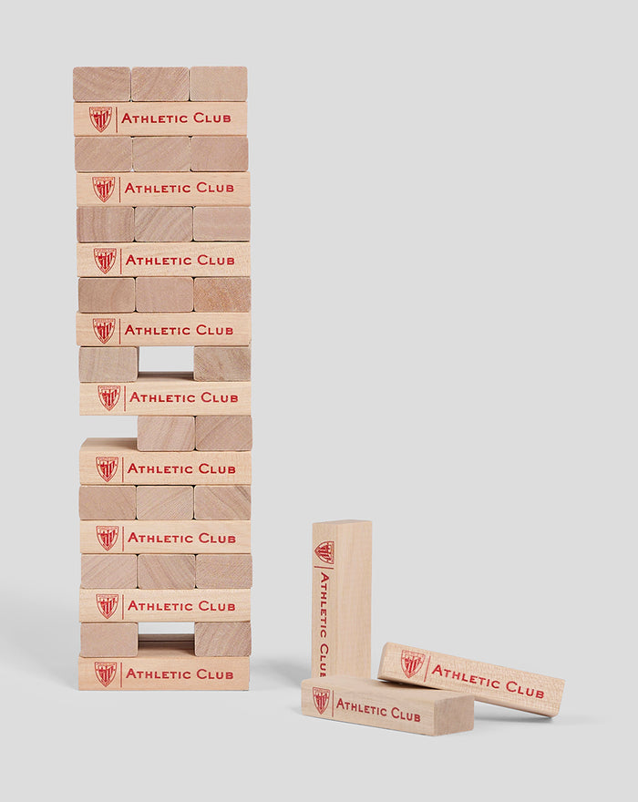 Juego de piezas de madera estilo Jenga con el logotipo Athletic Club impreso en cada bloque