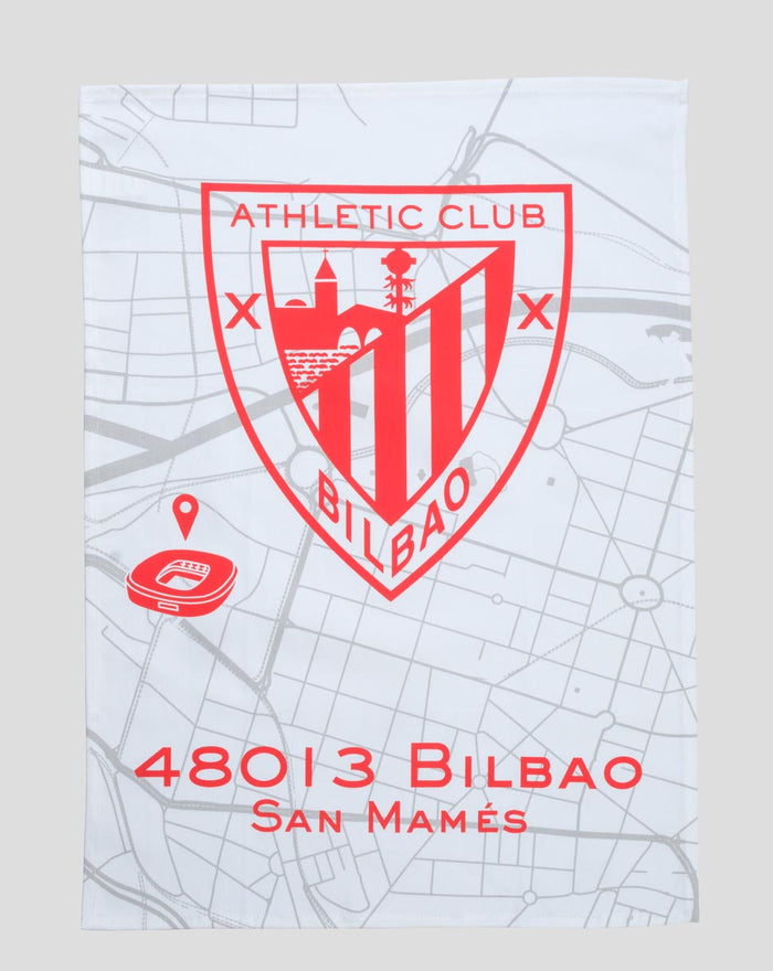 White kitchen towel printed with red Athletic Club Bilbao crest and map design