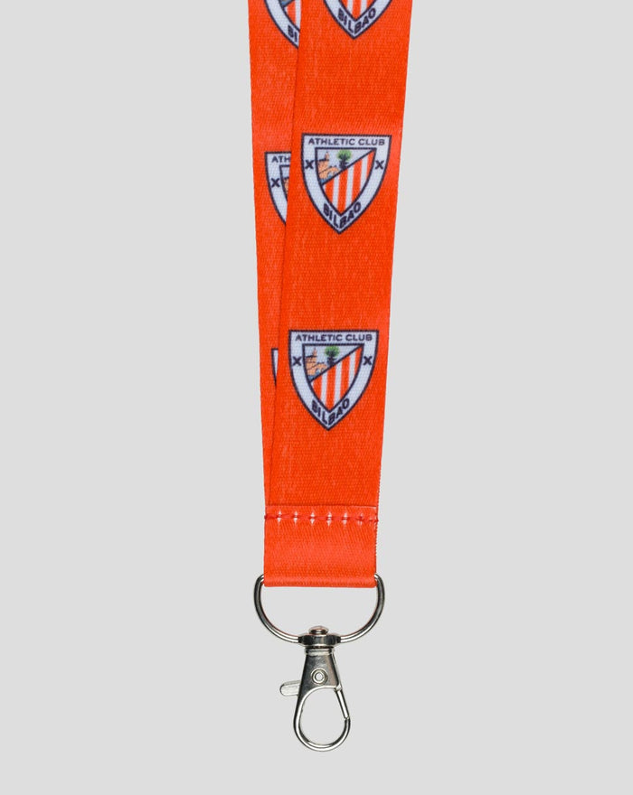 Cordón para llaves naranja con logotipo del Athletic Club y mosquetón metálico