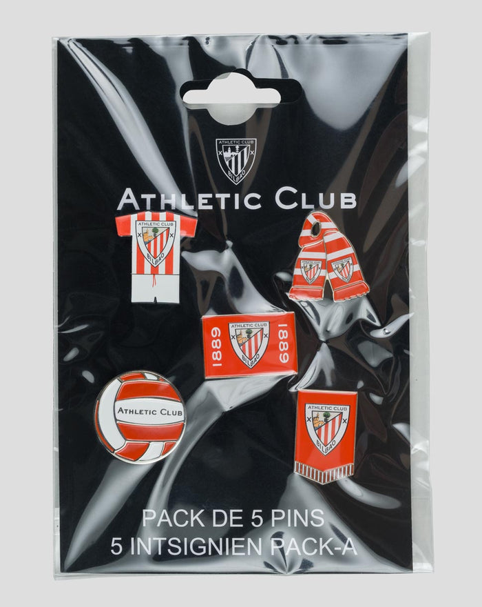 Pack of five Athletic Club enamel pins with crest designs on a black package