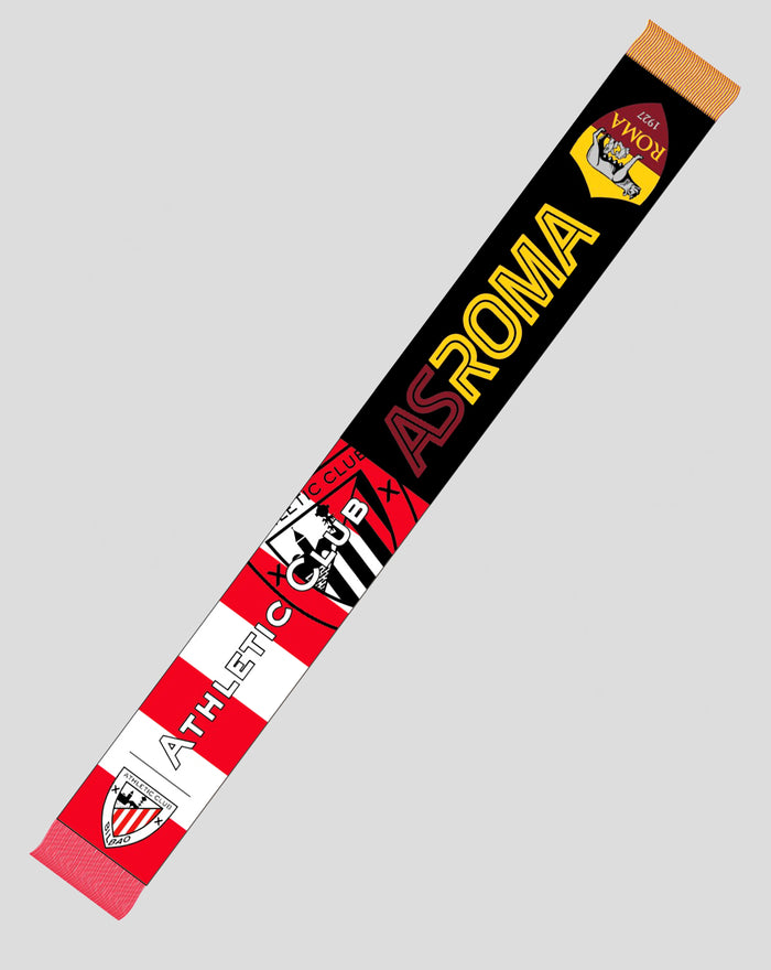 As Roma scarf with bold yellow ROMA lettering and crest on a black field