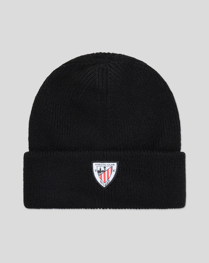 Black junior beanie with folded cuff and crest logo on the front