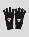 Pair of black knitted gloves with a crest patch on the back