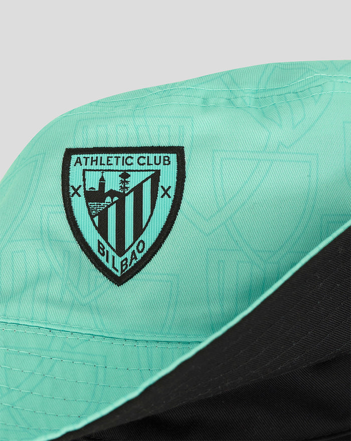 Close up of mint green Athletic Club hat showing the crest embroidery on the front