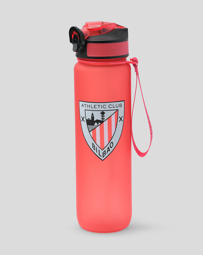 Coral pink 1000 ml drink bottle with Athletic Club Bilbao crest and a red carrying strap