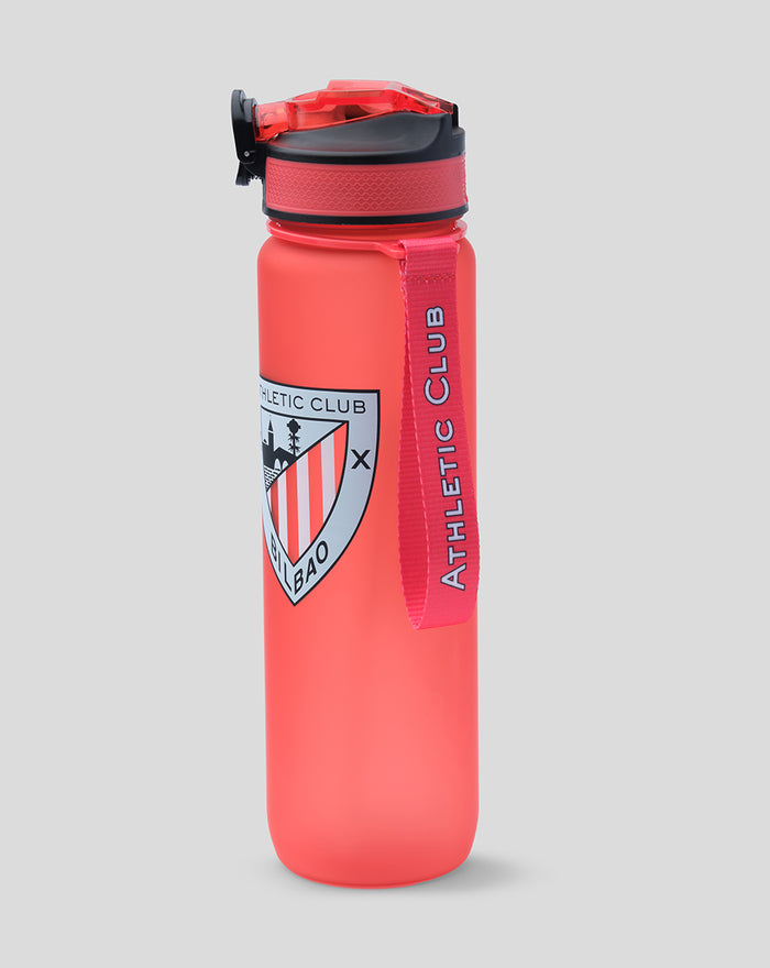 Bright red 1000 ml sports bottle with flip top lid, black cap, and ATHLETIC CLUB strap beside a shield crest.
