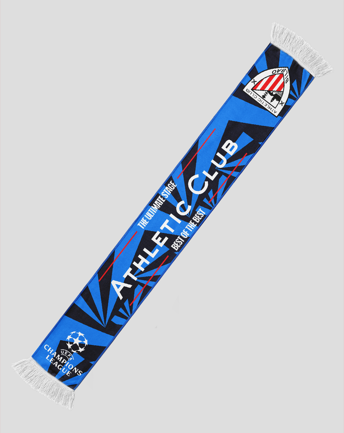 Blue woven scarf with Athletic Club branding and Champions League graphics and white fringe