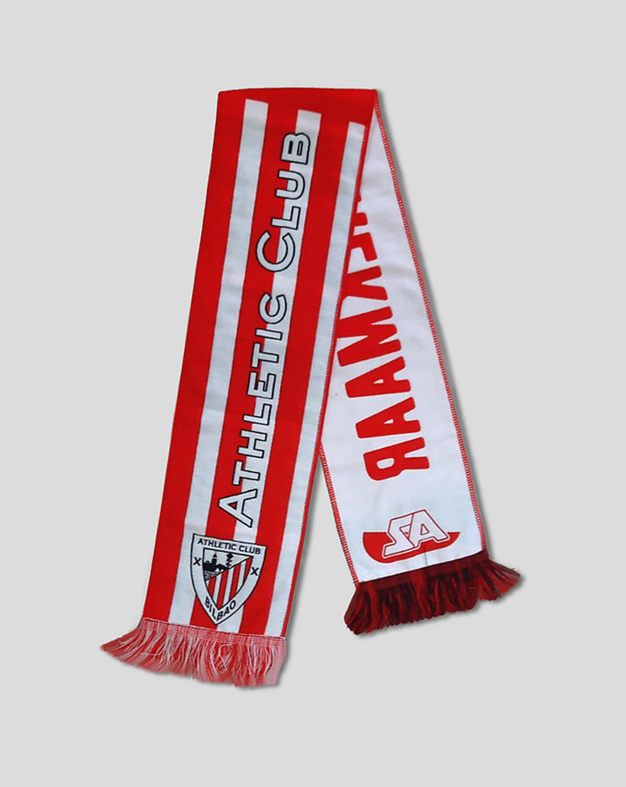 Red and white AZ Alkmaar athletic club scarf with crest and fringe