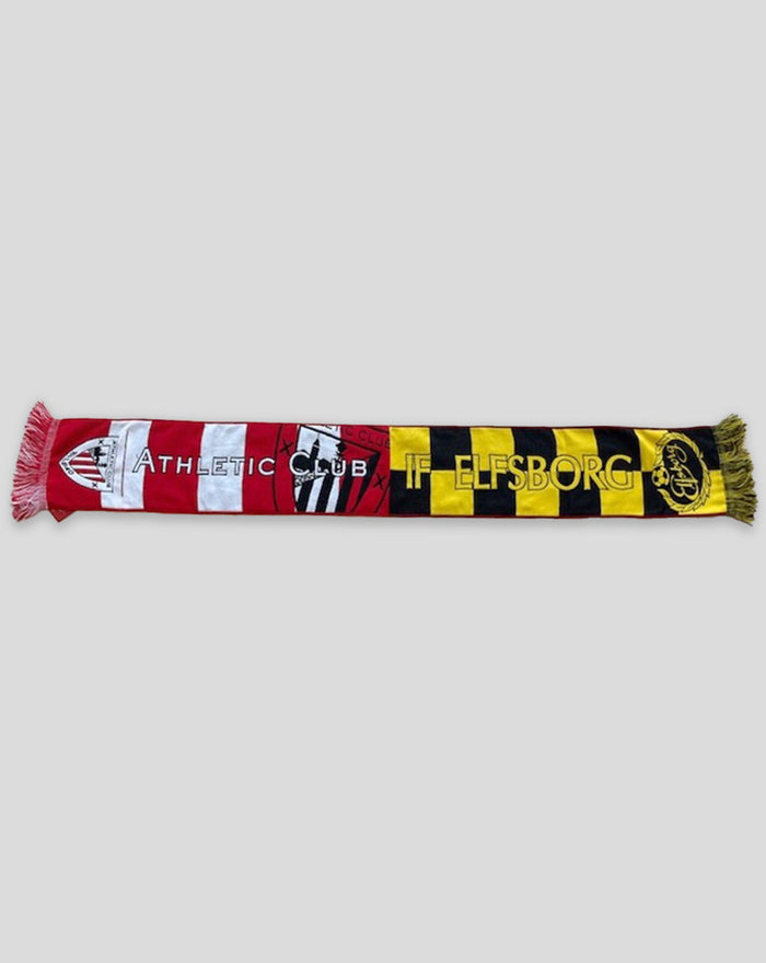 Long scarf in red white and yellow featuring IF Elfsborg emblem laid flat