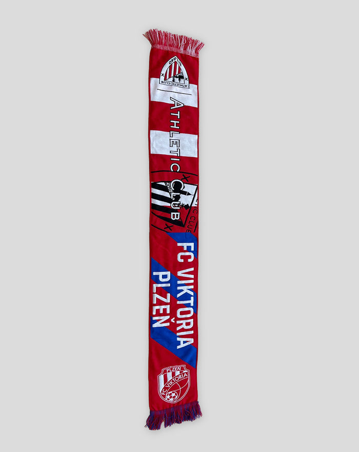 Long red scarf with white and blue panels showing Viktoria Plzen branding and fringed ends