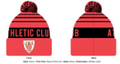 Adults club bobble beanie in red and black with a pom and crest emblem.