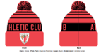 Adults club bobble beanie in red and black with a pom and crest emblem.