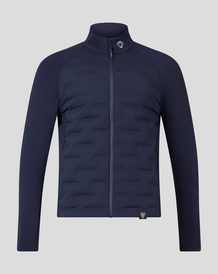 Front view of navy athletic club hybrid jacket with stand collar and full zipper; logo on the collar