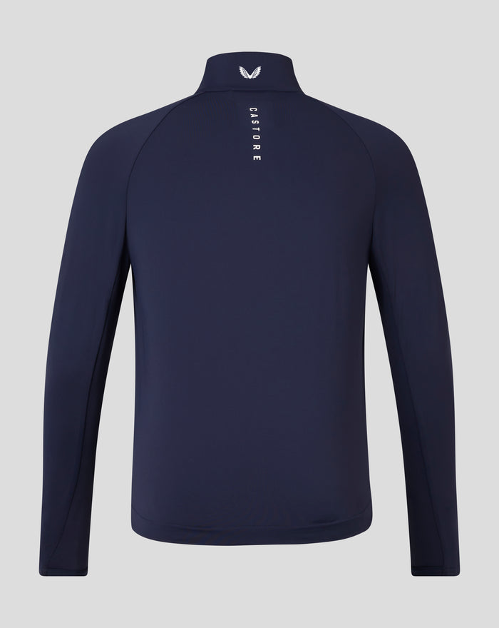 Back view of navy athletic club hybrid jacket with vertical CASTORE branding on upper back and crest on the collar