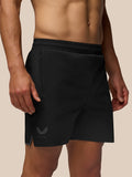 Side view of a model wearing black Apex Training Shorts with a zip pocket and a Castore wing logo at the hem.
