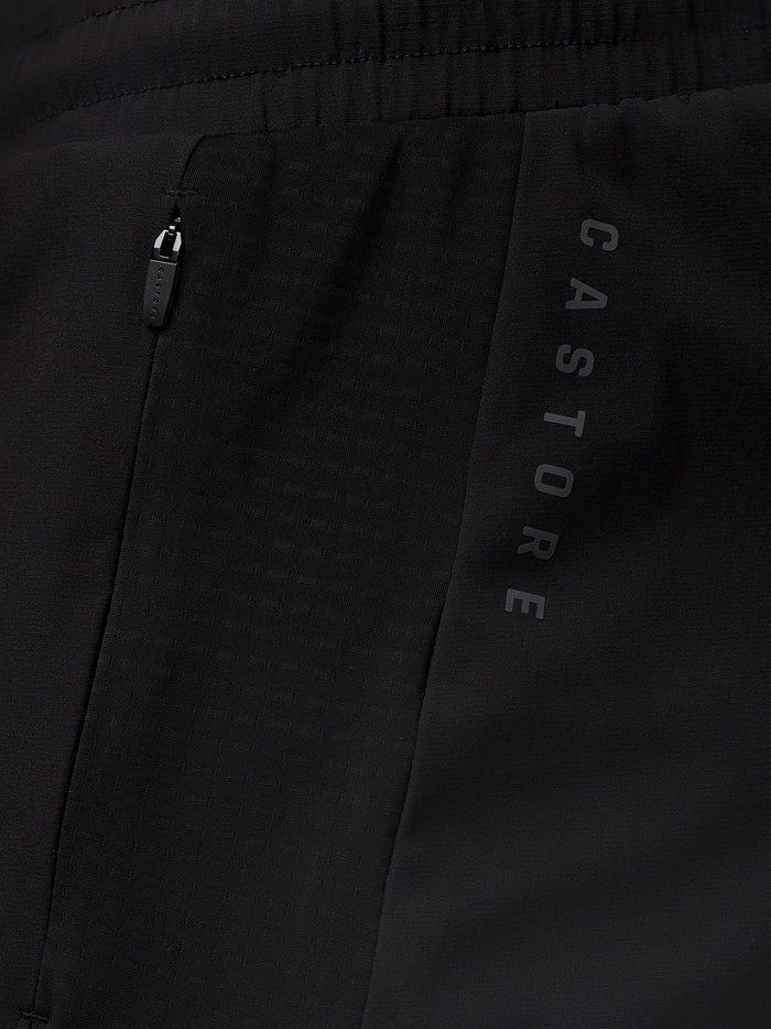 Close up of black Apex Training Shorts pocket area with zipper and elastic waistband