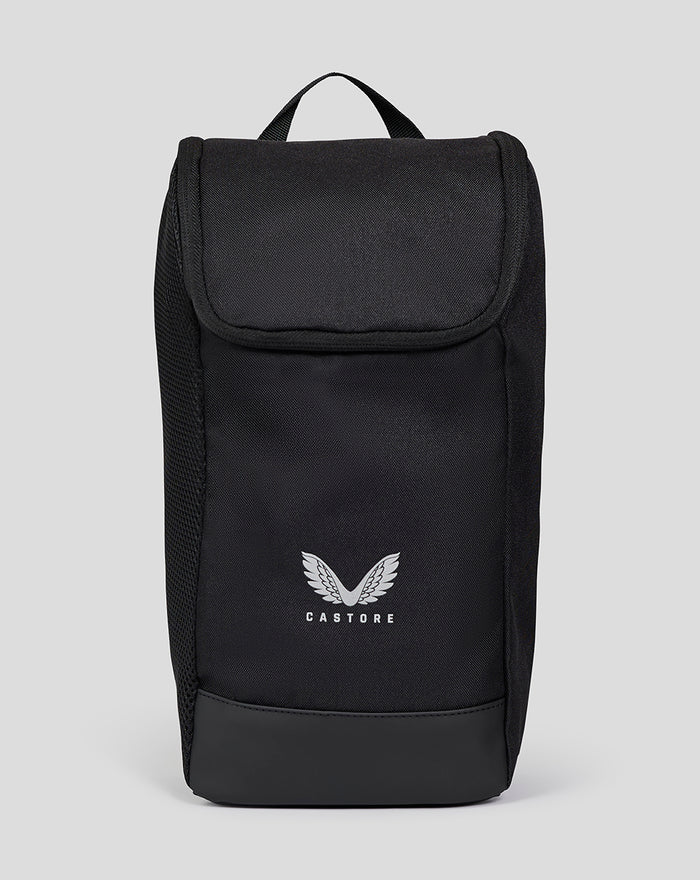 Compact black boot bag with a top handle and white Castore logo.