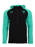 Front view of teal and black Athletic Club Pro Coaches Presentation Hooded Jacket with crest on chest